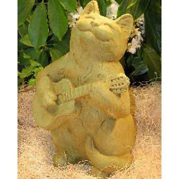 Guitar CAT STATUE 12" Rock N Roll Kitten Sculpture Weathered Bronze GREEN-BROWN Cast CEMENT GARDEN Outdoor Decor