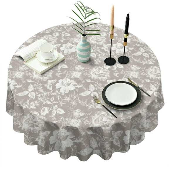 Round Waterproof Tablecloth Grey Embroidery Reusable Indoor/Outdoor Durable Table Cover for Kitchen and Dining Room 60 Inch X 60 Inch