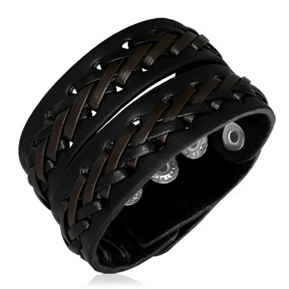 Brown Two-Tone Leather Alloy Cross Snap Unisex Bracelet