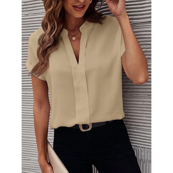 Women's V-Neck Blouse Notch Neck Short Sleeve Loose Fit Chiffon Top for Spring Summer Fall Layering Office Commute Daily Outfits