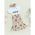 thumbnail image 4 of 3Pcs Baby Girl Spring Outfits, Short Sleeve Romper + Floral Cow Print Flare Pants + Headband Set, 4 of 9