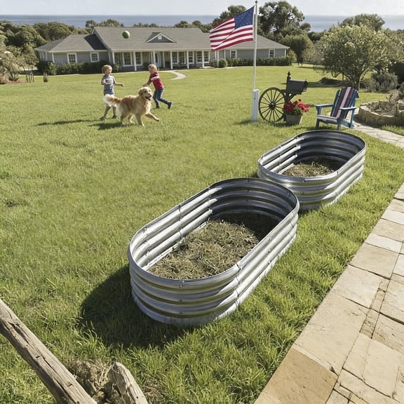 LIALEX 2 pack Silver Galvanized Raised Garden Bed 4 by 2 Feet Oval Lightweight Metal Planter Boxes Outdoor with Easy Assembly, Rust Resistant