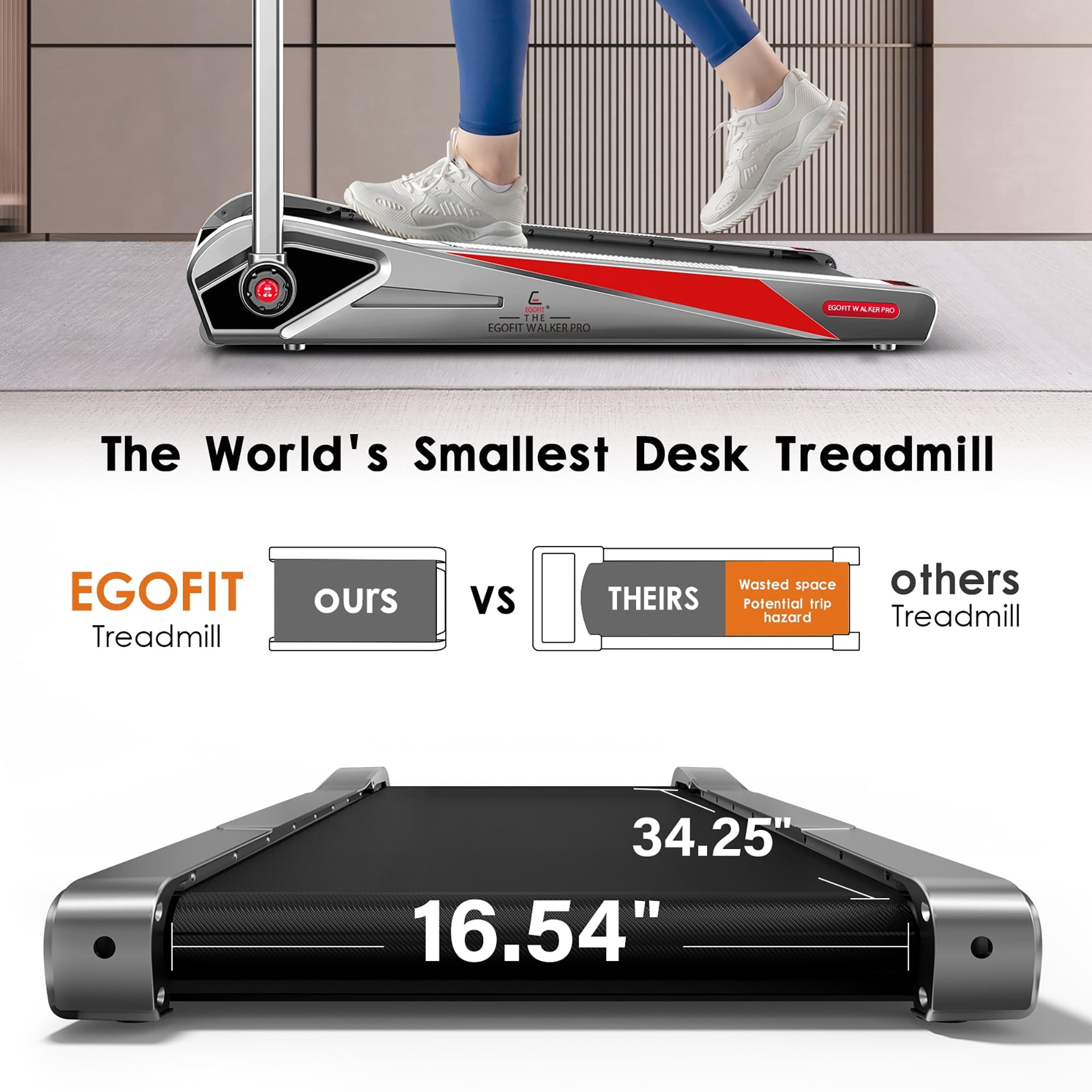 EGOFIT: Walker Plus M1T - Cool Grey - 2-In-1 Folding Handlebar Pad Treadmill: Walking & Jogging, 5% Incline, Remote Control, 220lb Cap, 0.62-3.7mph
