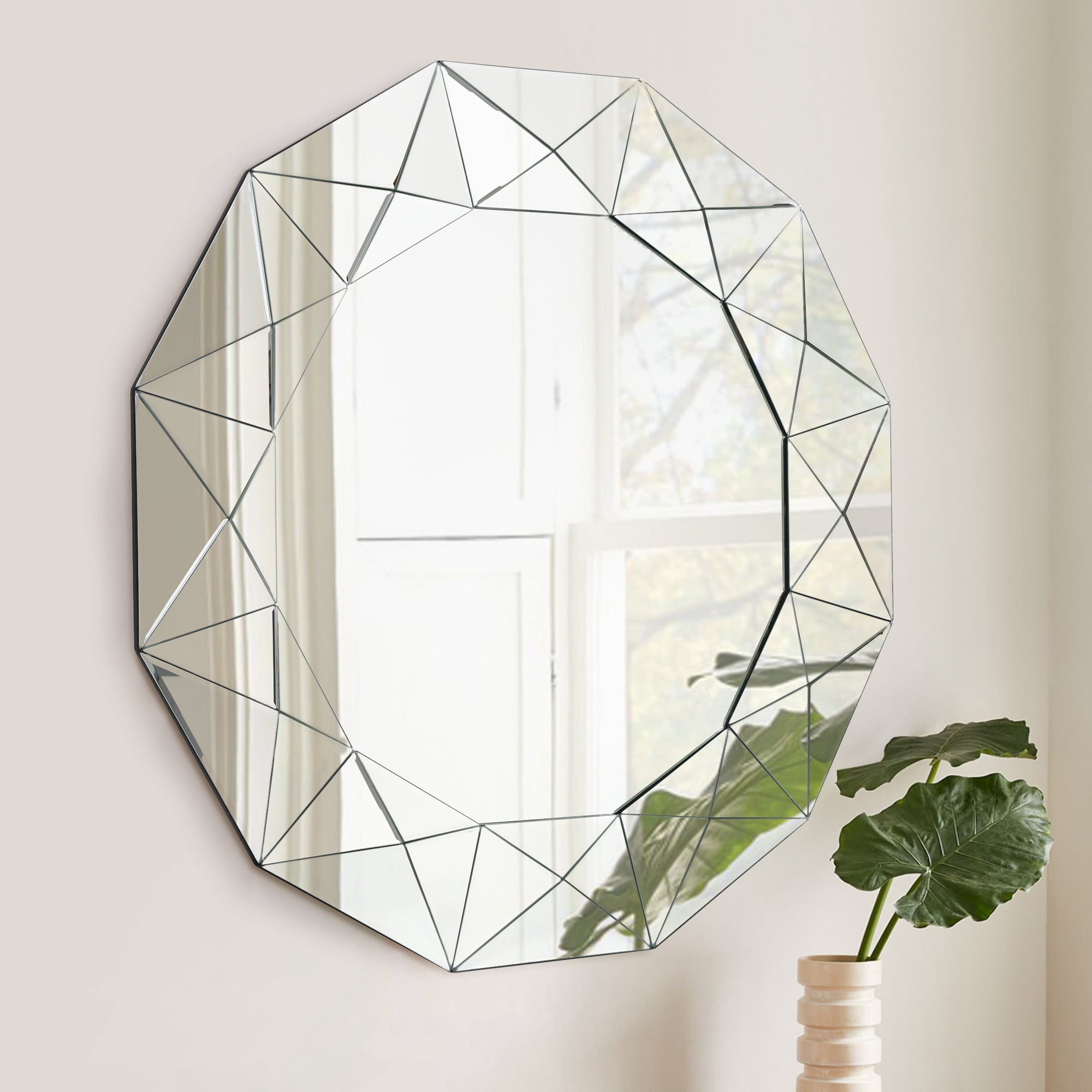 LNC 39"x39" Round Geometric Wall Mirror with Faceted Beveled Frame for Living Room or Entryway