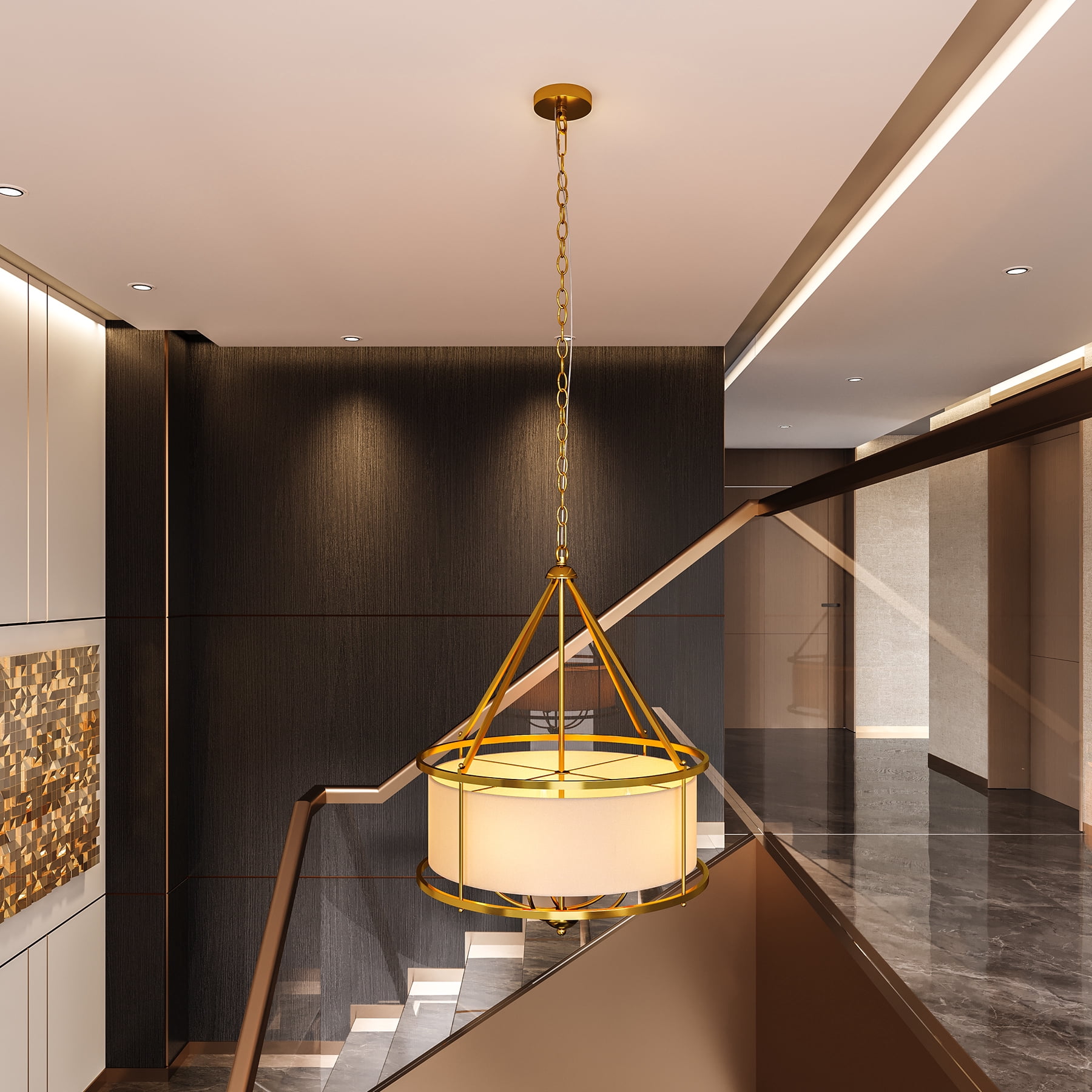 Tribesigns 5-Light Pendant Light with Drum Fabric Lampshade, Height-Adjustable Hanging Light Fixture, Modern Chandelier for Living Room, Dining Room, Bedroom, Staircase