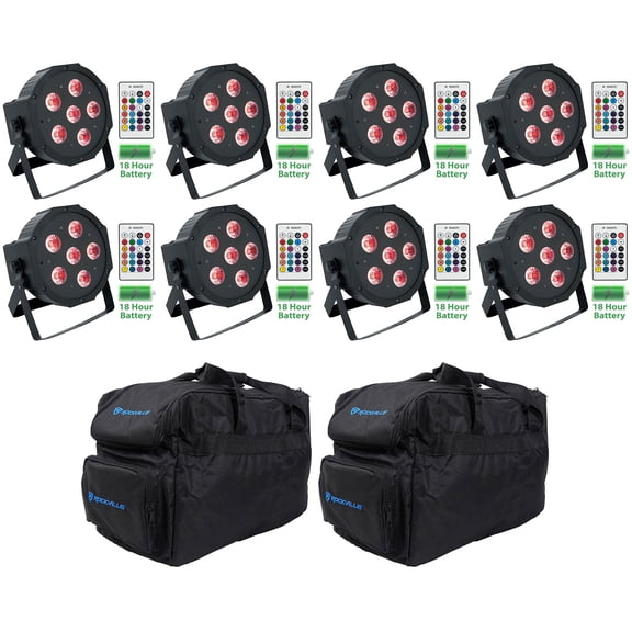 8 Rockville BATTERY PAR 61 Rechargeable RGBWA UV DMX DJ Wash Lights Remotes Bags