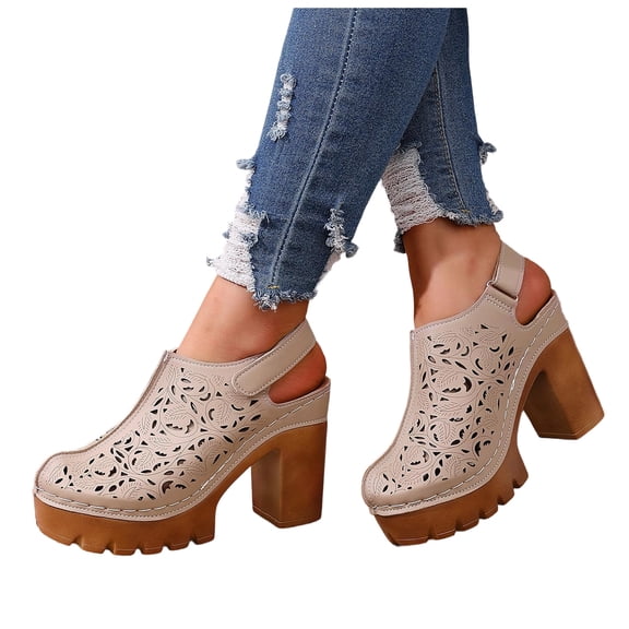 Rokment Vintage Platform High Heels Clogs Dressy Sandals for Women 2026 Retro Hollow out Leather Closed Toe Chunky Block Heeled Comfortable Orthopedic Walking Mules with Back Straps Beige Size 6.5