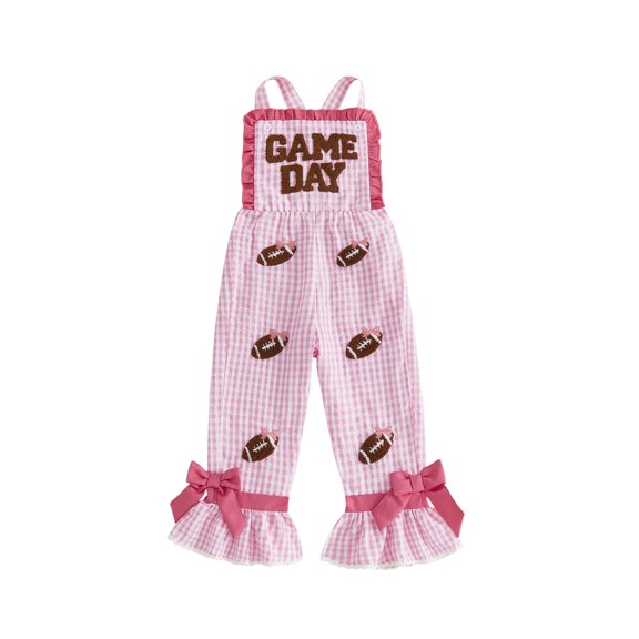 RUINIXCW Toddler Baby Girl Football Game Day Outfit Gingham Plaid Romper Overall Rugby Embroidery Sleeveless Jumpsuit Overalls Bell Bottoms