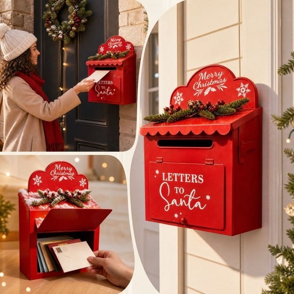 Letters To Santa Wall Mounted Mailbox Decorative Holiday Post Box for Front Door Porch Christmas Ornament