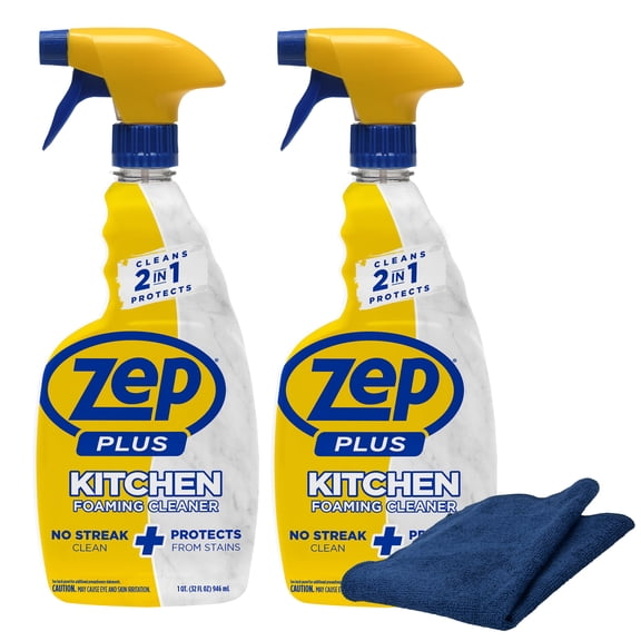 Zep Plus Foaming Kitchen Cleaner 32 oz and Blue Microfiber Rag No-Streak Cleaner for Kitchen Countertops Backsplashes and Appliances