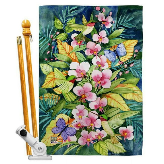 Breeze Decor BD-BI-HS-105055-IP-BO-D-US18-WA 28 x 40 in. Orchids & Hummingbirds Garden Friends Birds Impressions Decorative Vertical Double Sided House Flag Set & Pole Bracket Hardware