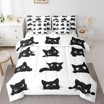 Homewish Boys Girls Black Cats Twin Bedding Sets 7-Piece,Cartoon Animal Bedding Comforter Set Microfiber,Kawaii Pet Breathable Sheet Sets,Super Cozy Room Decor,Reversible