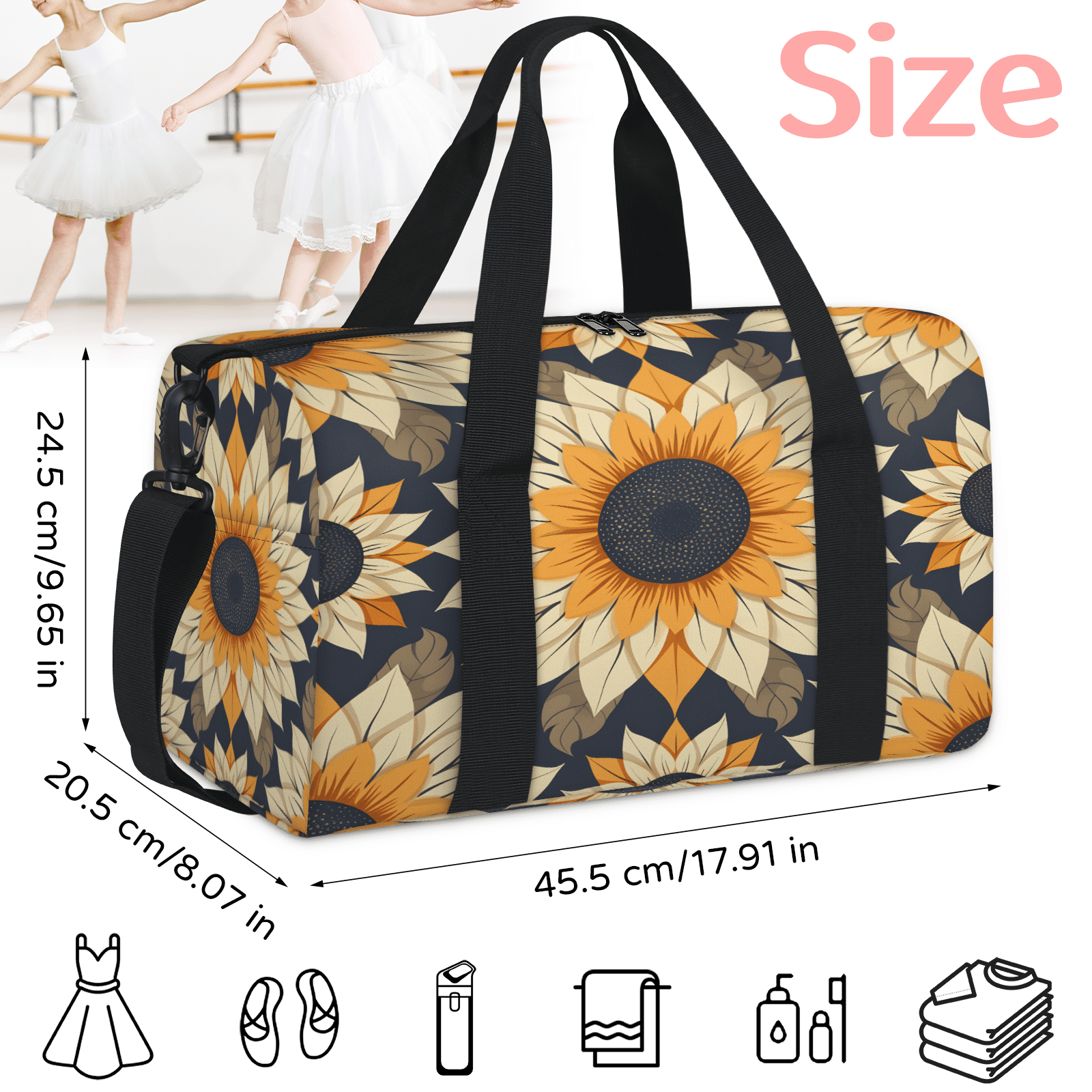 Herdesigns Sunflower Gym Bag for Women, Duffle Bag for Travel Sport, Flower Lightweight Waterproof Carry on Weekender Dance Yoga Workout Bags