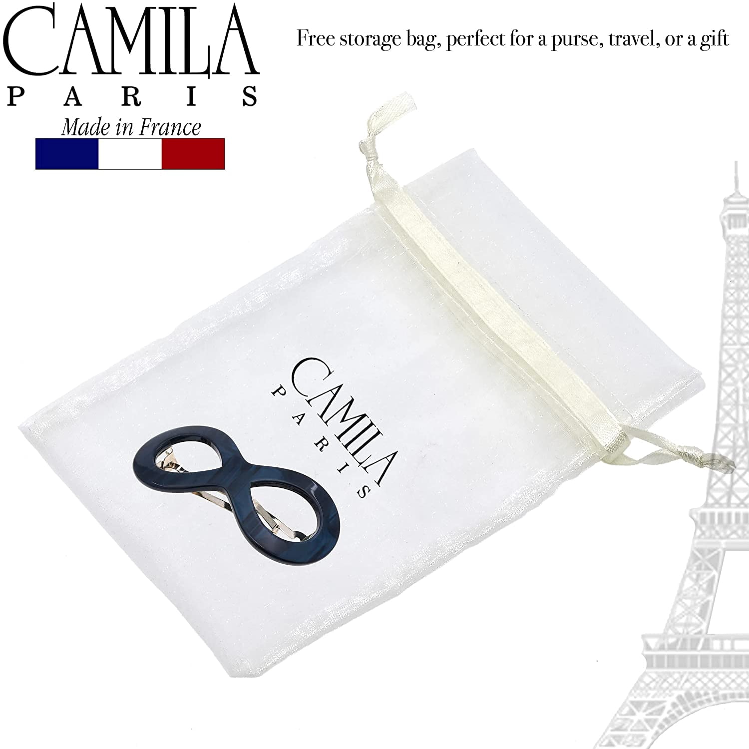 Camila Paris CP3275 French Hair Barrette Clip for Girls, Handmade, Blue, Strong Hold Grip Hair Clips for Women, No Slip and Durable Styling Girls Hair Accessories, Made in France