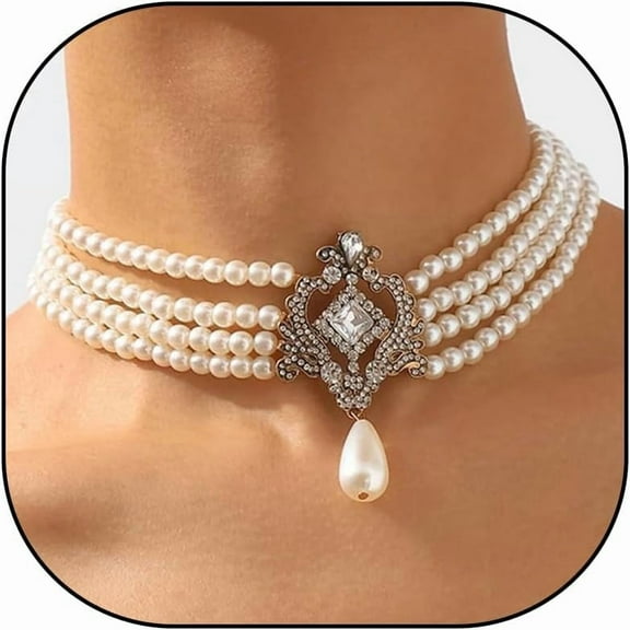 Layered Pearl Choker Necklaces for Women Pearl Jewelry Pearls Stacked Choker Necklace for Women Gothic Costume Accessories Birthday GIfts for Her Prom Rhinestones Jewelry
