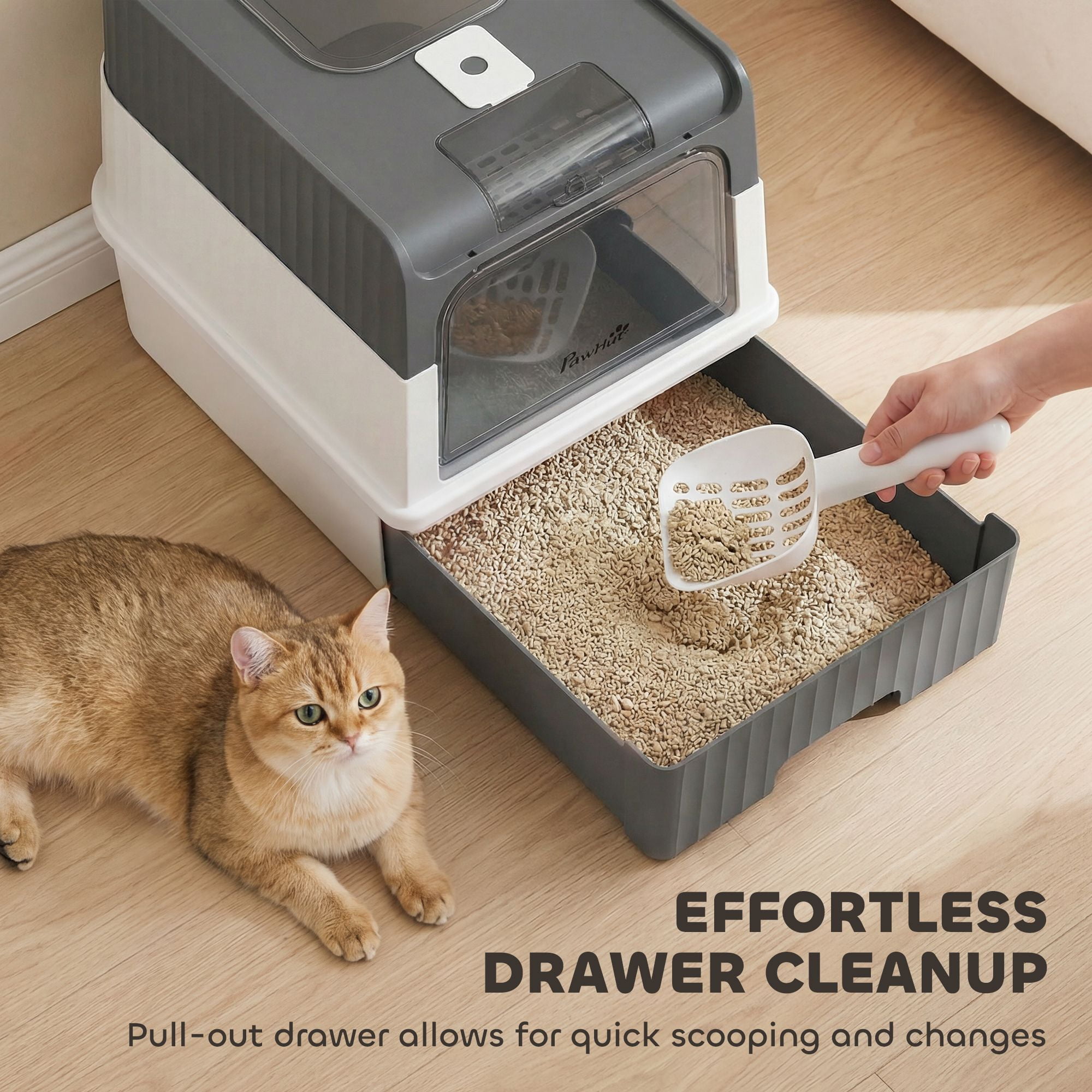 Washure Front Top Entry Hooded Cat Litter Box with Drawer Tray, Gray Easy Cleaning Cat Toilet