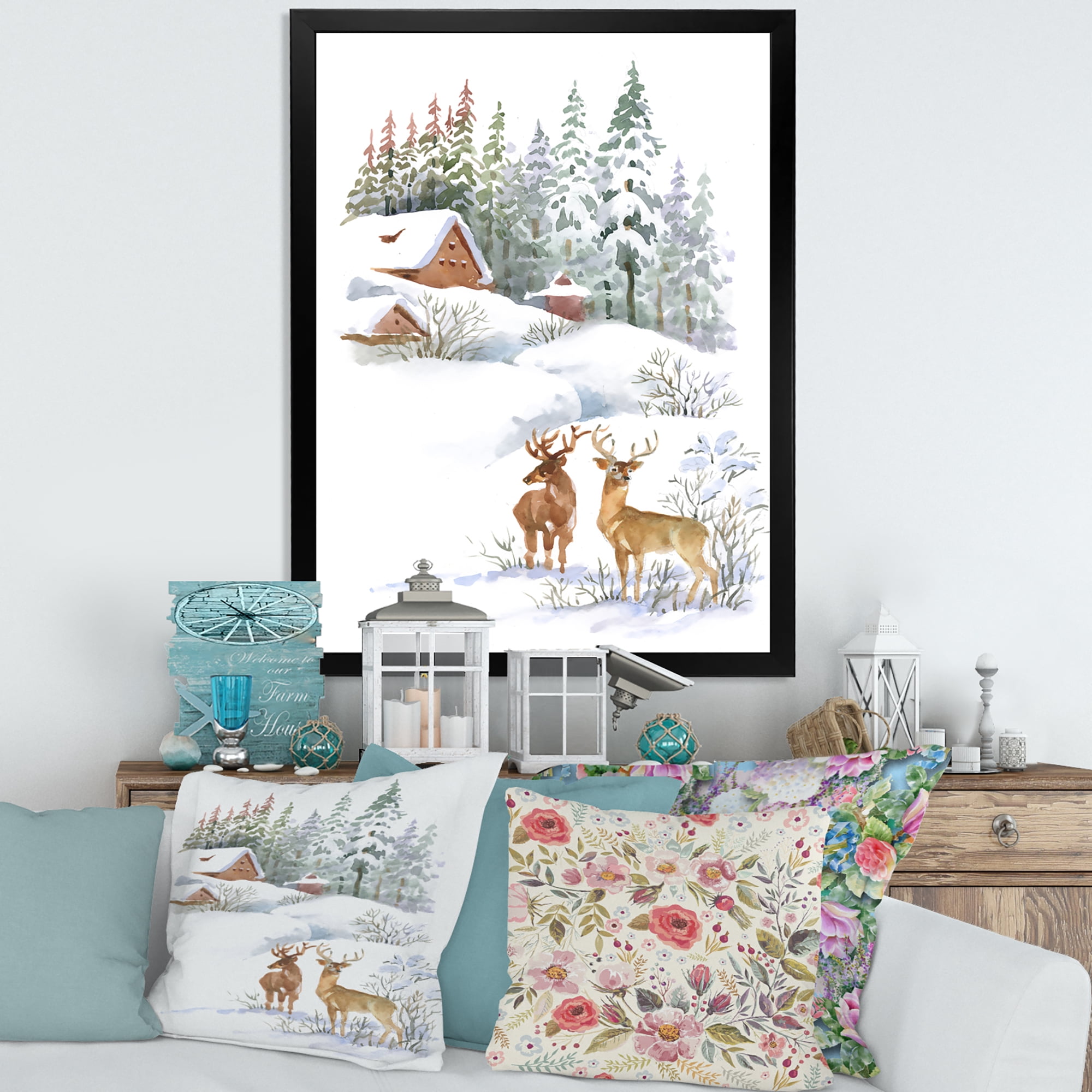 Designart 'Two Deers With Winter Cottage' Farmhouse Framed Art Print