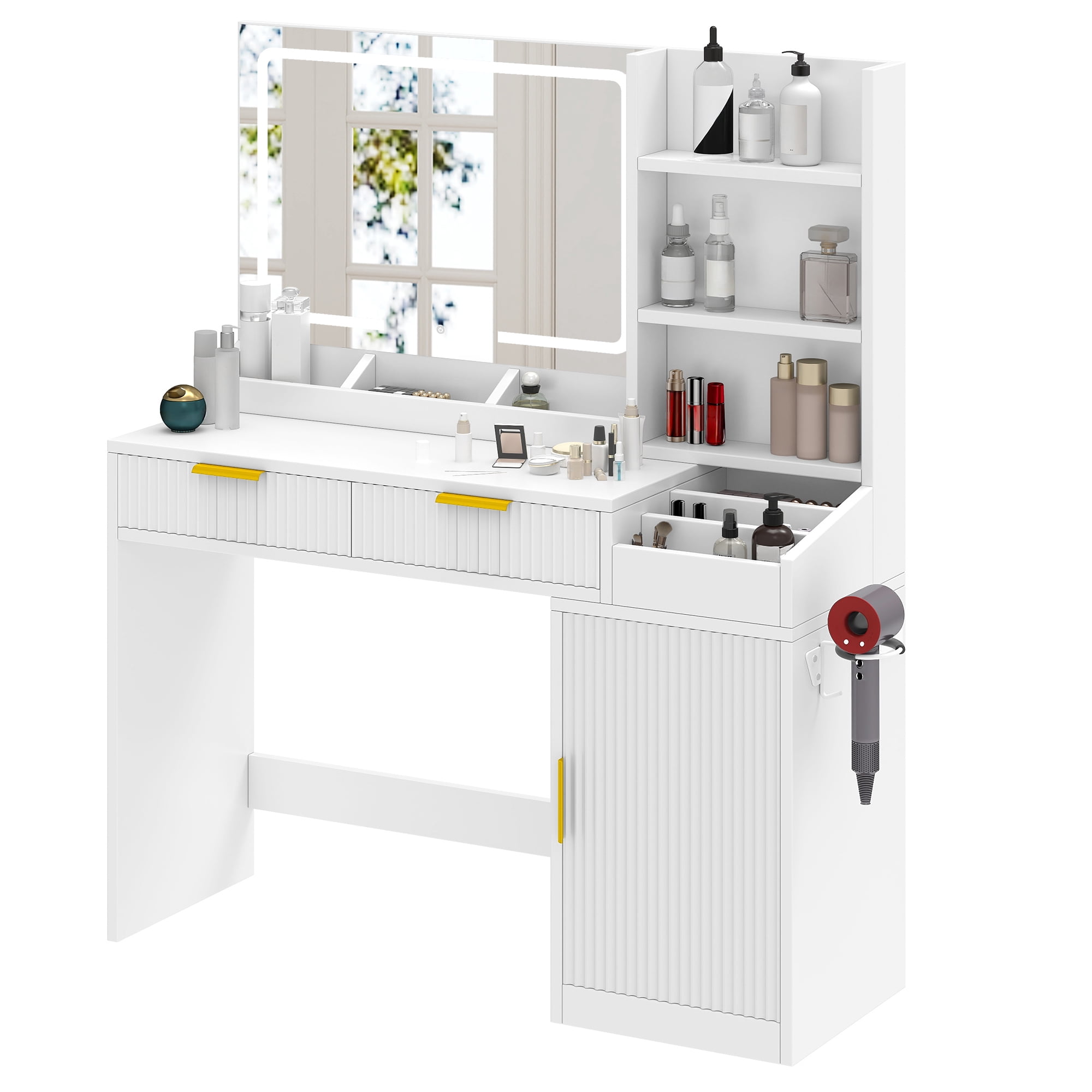 Uforic Vanity Desk with Mirror and LED Lights, Makeup Vanity Table with 2 Drawers & 11 Shelves, Makeup Table with Power Outlet for Bedroom Dressing Room,White