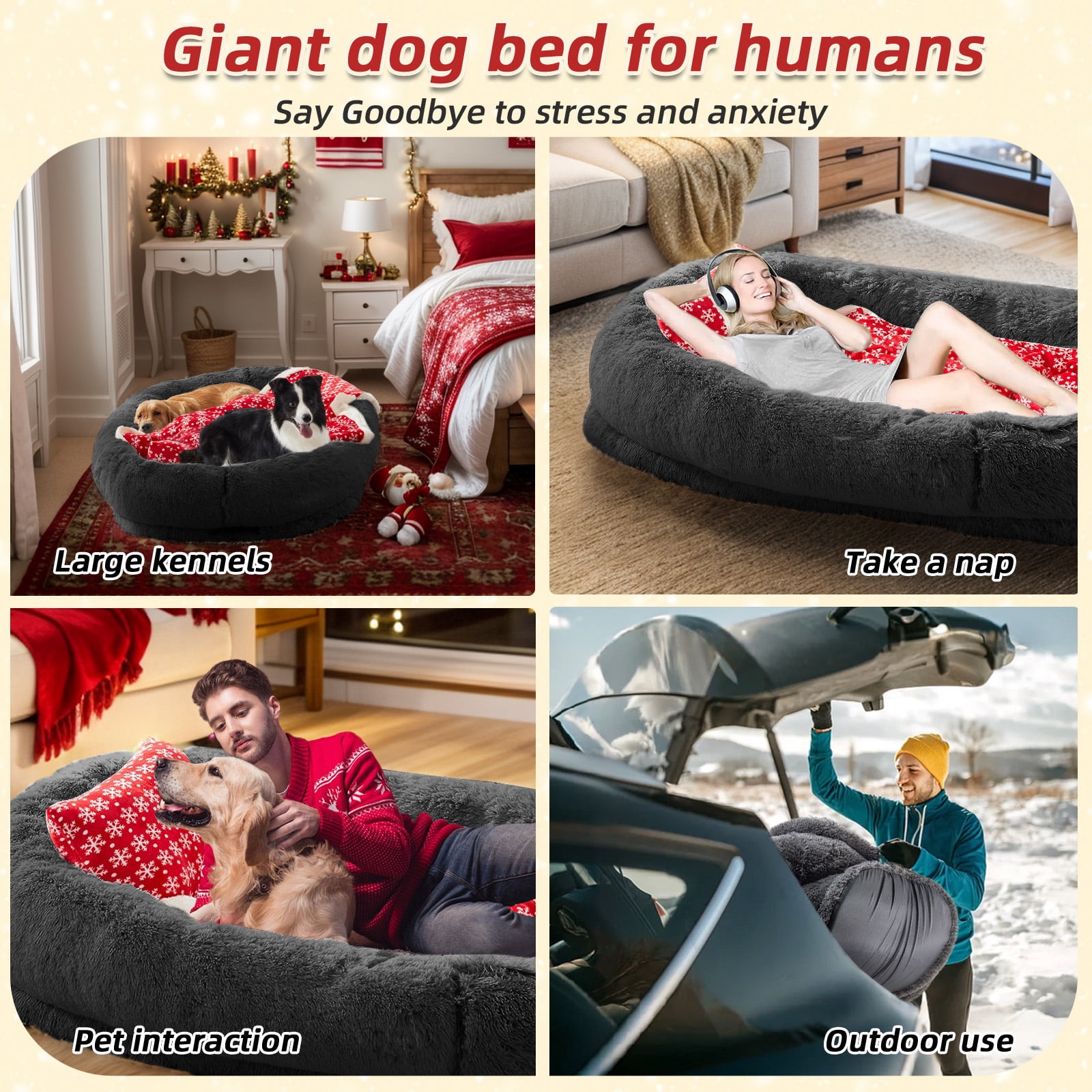Dokdogs Human Dog Bed, 70"x44"x11" Size Fits You and Pets, Washable Faux Fur Dog Bed for People Doze off, Napping Orthopedic Dog Bed, Present Plump Pillow, Blanket, Strap - Darkgrey Christmas Edition