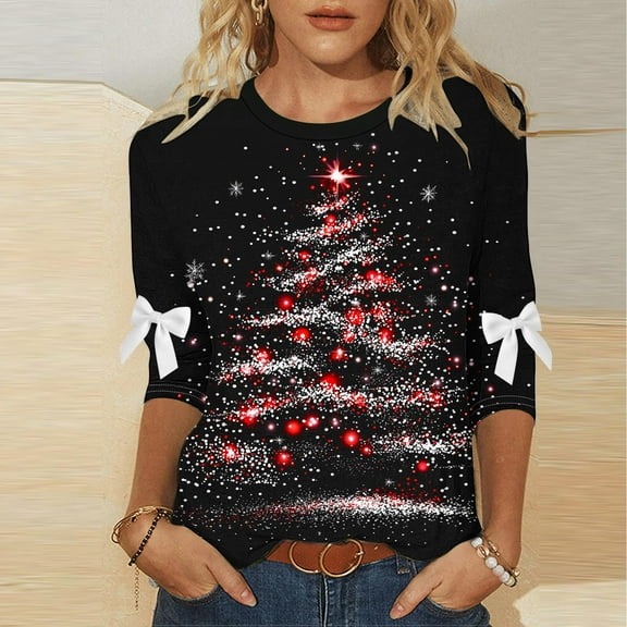 Women's Plus Size Christmas Round Neck Three-Quarter Sleeve Casual Loose Blouse