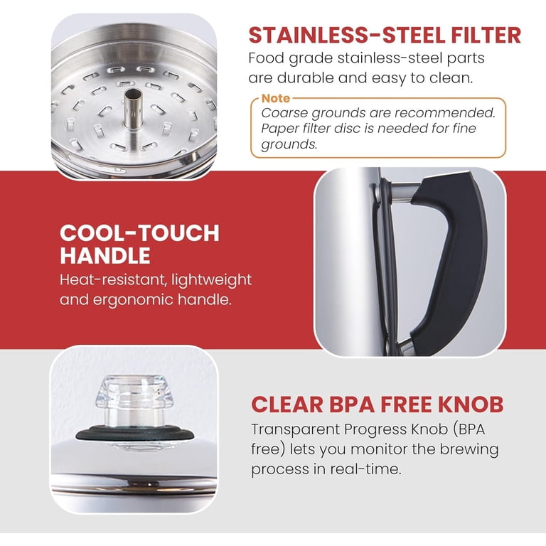 EC924 Electric Coffee Percolator - 12-Cup, Stainless Steel, , Keep Warm,  Cool-Touch Handle, Cordless Serve