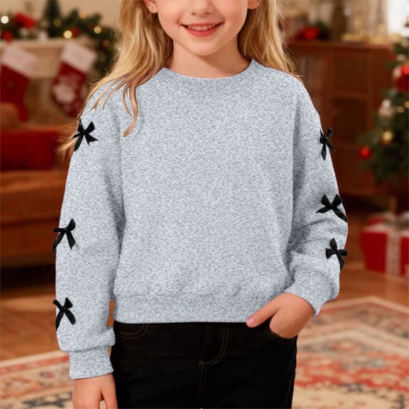 JIAYUE Girls Sweatshirts Solid Color Elegant Side Bows Long Sleeve Crew Neck Stylish Pullover For Child Winter Warm Soft Clothing