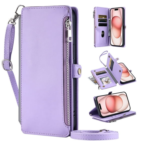 Compatible with iPhone 17 Pro Case Wallet with Card Holder for Women Men, PU Leather Magnetic Snap Flip Zipper Wrist Strap and Crossbody Strap Stand Phone Case for iPhone 17 Pro, Purple