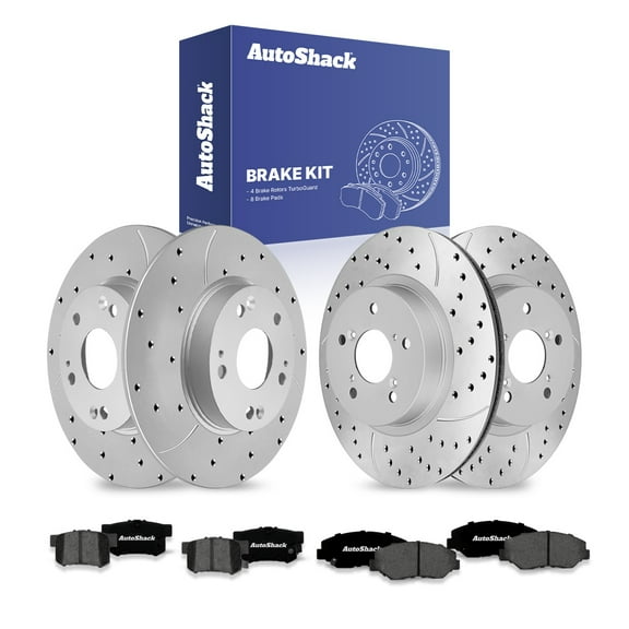 AutoShack Front Vented & Rear Solid Drilled & Slotted Coated Brake Rotors Silver Matte Finish   Premium Ceramic Pads 12-PC Brake Kit Replacement for 2013-2015 Honda Civic TurboGuard