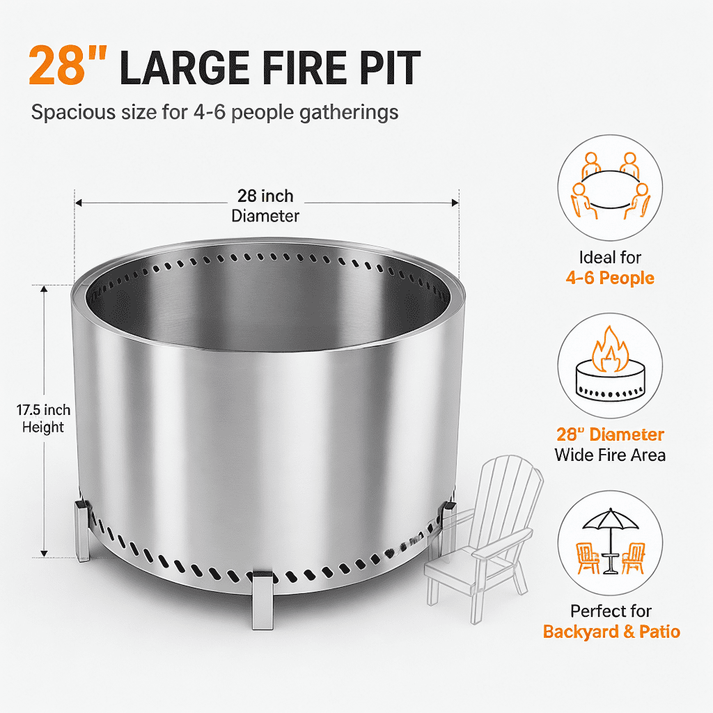 Eclaron 28inch Large Stainless Steel Smokeless Fire Pit Wood Burning Stove Outdoor Camping Patio Picnic