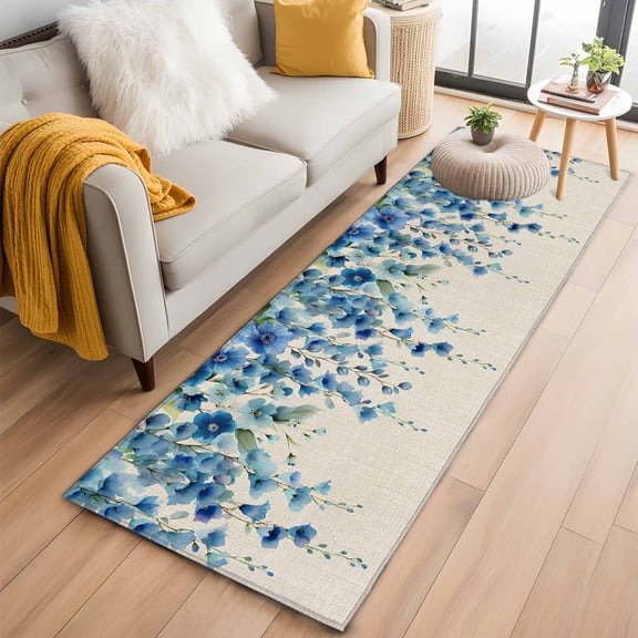 Spring Blue Floral 2'x6' Runner Rugs for Hallway Kitchen Bedside Non Slip, Farmhouse Weeping Floral Leaves Burlap Entryway Rug Runners with Rubber Backing, Long Carpet Runner for Laundry Room