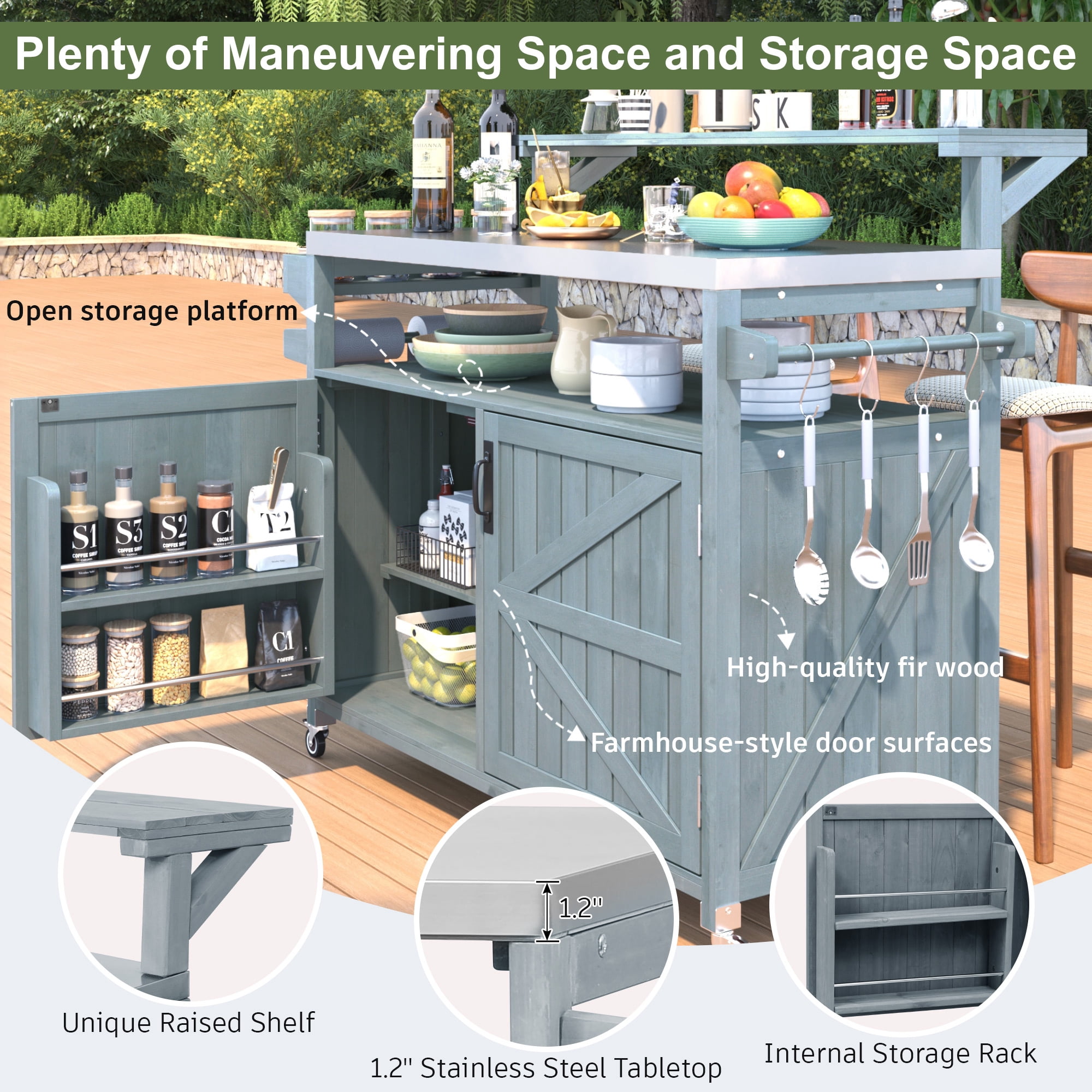 BIGWOO Outdoor Kitchen Island with Solid Wood Storage Cabinet with Stainless Steel Top, 53.3” Grayish Blue