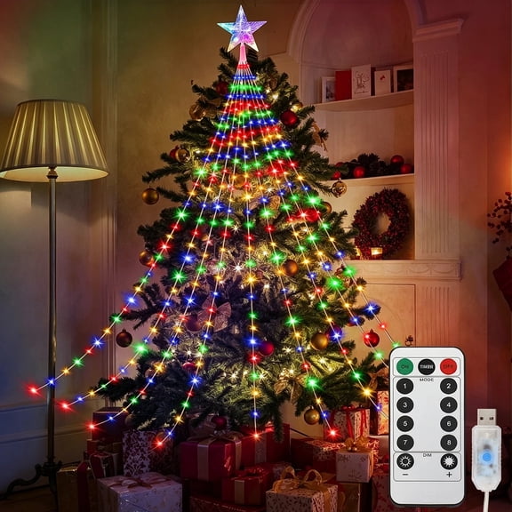 Christmas Waterfall String Lights, 210 LED 6.6 ft Tree Lights with Remote, 8 Modes USB Fairy Lights for Outdoor, Multicolor