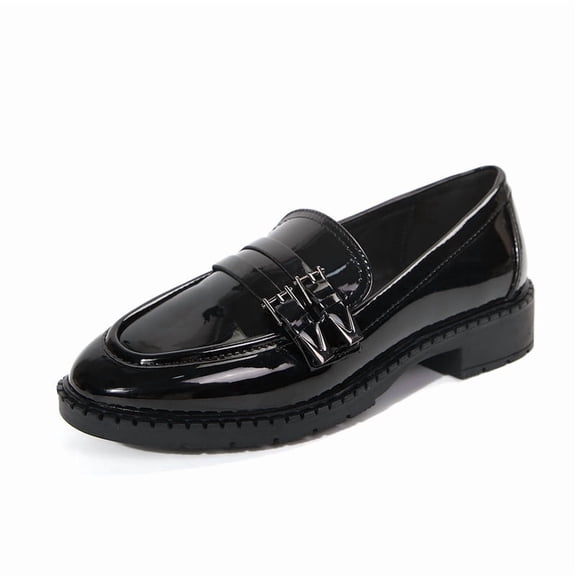 Pennysue Women's Patent Leather Loafers with Decorative Buckle Round Toe Chunky Heel Slip On Casual Dress Shoes for School Work Daily Wear