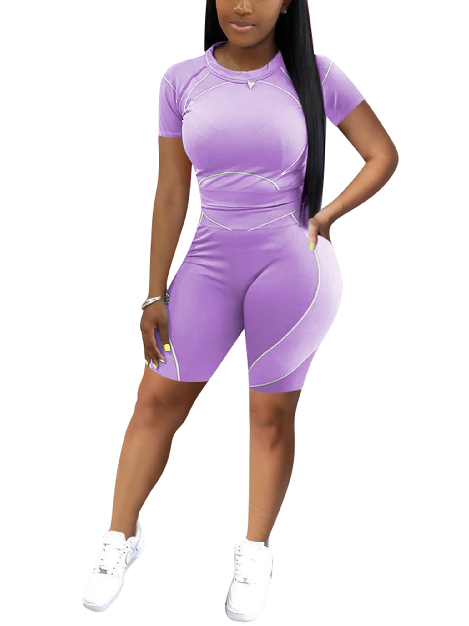 Women 2 Piece Outfit Textured Short Sleeve Crop Tops High Waist Bodycon Pants Jogging Workout Tracksuit Set