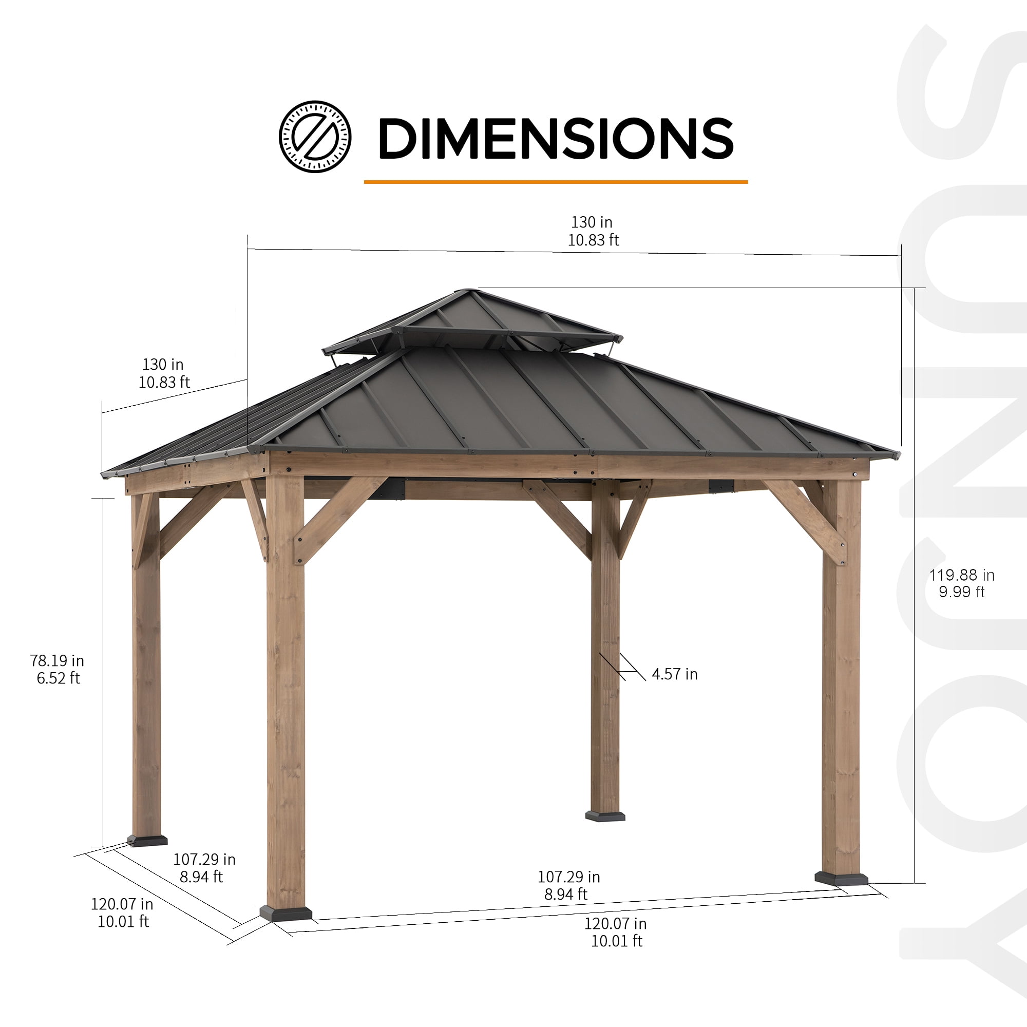 Sunjoy 11 x 11 ft Outdoor Wooden Gazebo Patio Steel Hardtop Gazebo with Cedar Frame and Ceiling Hook Wood Gazebo with 2-tier Metal Roof for Patios, Lawn, and Backyard, Brown