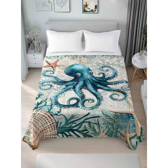 Nautical Octopus California King Size Flat Sheet, Wrinkleproof & Fadeproof Cooling Flat Bed Sheet Only, Coastal Vintage Coral Starfish Ocean Breathable Soft Bedding Top Sheets 108 x 98 Inches