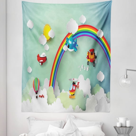Cartoon Tapestry, Plane Hot Air Balloon Helicopter Flying Rainbow Sunny Sky Happy Illustration, Fabric Wall Hanging Decor for Bedroom Living Room Dorm, 5 Sizes, Multicolor, by Ambesonne
