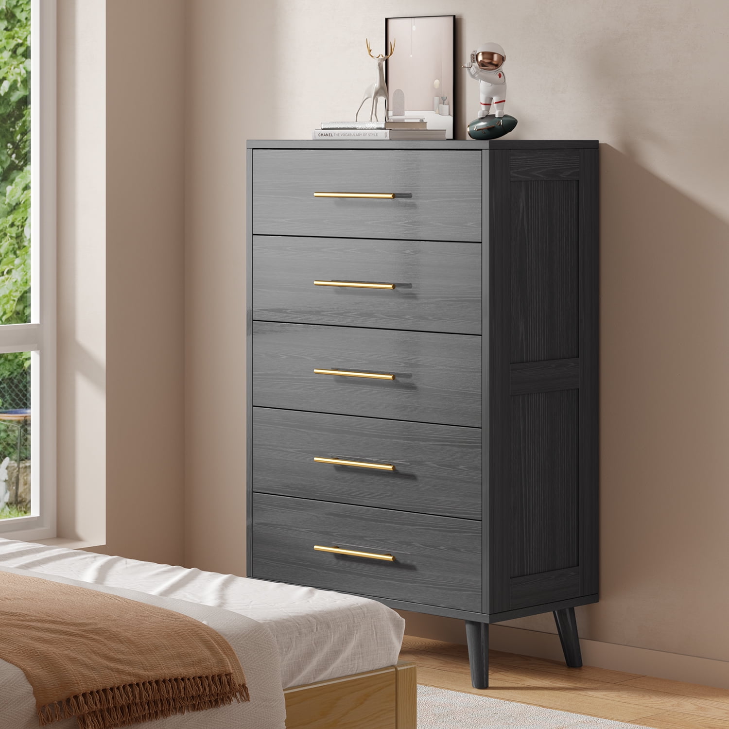 Dresser for Bedroom Clearance, Lofka 5 Drawers Dresser Gold Metal Handle, Wood Storage Cabinet for Living Room, Black