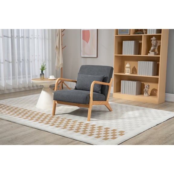 Mid Century Modern Accent Chair with Wood Frame, Upholstered Living Room Chairs with Waist Cushion, Reading Armchair for Bedroom Sunroom