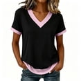 thumbnail image 4 of Craaazy Short Sleeve Tops for Women Plus Size Relaxed Color Block V Neck Short Sleeve T-Shirt Curved Hem for Daily Casual Outings, 4 of 9