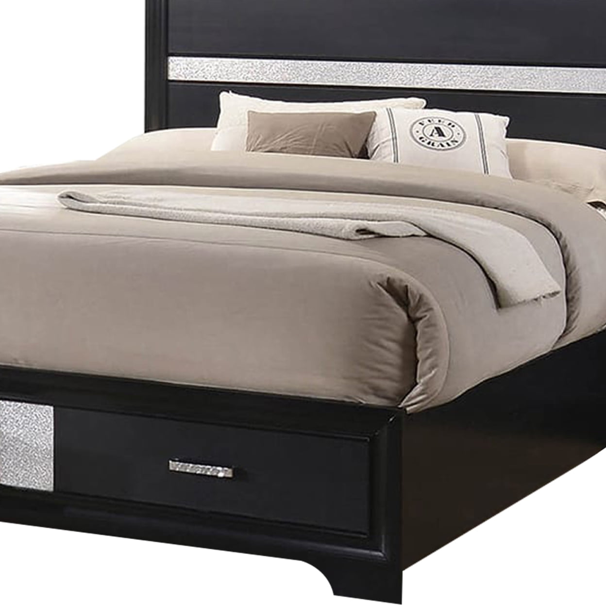Wooden California King Size Bed with 2 Storage Drawers Black and Silver - Saltoro Sherpi