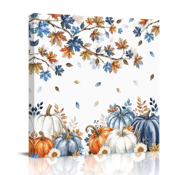 Canvas Wall Art, Navy Blue Pumpkin Fall Framed Canvas Prints for Bathroom Desk, Thanksgiving Maple Leaves Branches Small Gallery Wrapped Wall Decor for Home Office, Gifts, 8"x8" Ship Next Day