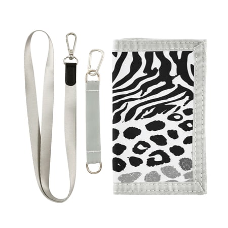 Nylon Fabric Wallet Compact Bifold With Zipper Coin Pocket Card Slots And Detachable Keychain Lanyard Zebra Stripes and Leopard Spots