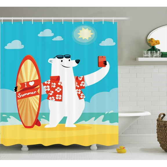 Kids Shower Curtain Set, Polar Bear with I Love Summer Surfboard Taking Selfie at the Beach Comic Fun Art, Bathroom Decor, Aqua Yellow, by Ambesonne