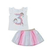 Miniville Toddler Girls Birthday Graphic T-shirt & Tutu Skirt, 2-Piece Outfit Set (3T-4T)