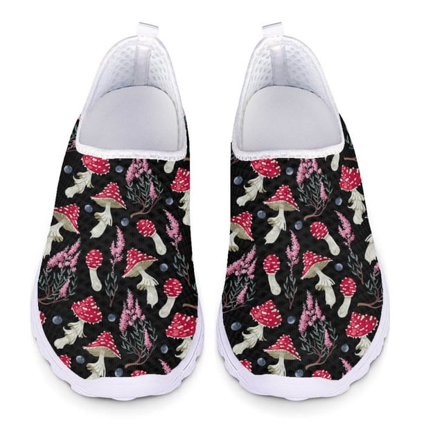 Zapatos casuales con estampado de hongos y plantas forestales para mujer, zapatos planos de malla transpirables ligeros para verano y otoño, zapatos deportivos para exteriores sin cordones