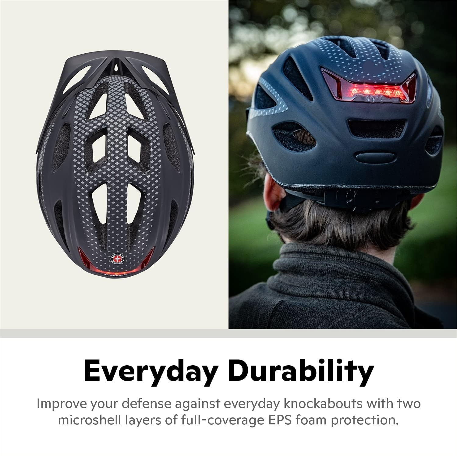 Lighted Helmet for Adults, Size 58 - 62 cm for Riders Ages 14+, Rear LED Light, Reflective Strips, Adjustable Dial and Straps, 17 Air Vents, Removable Visor, Adult Bike Helmet