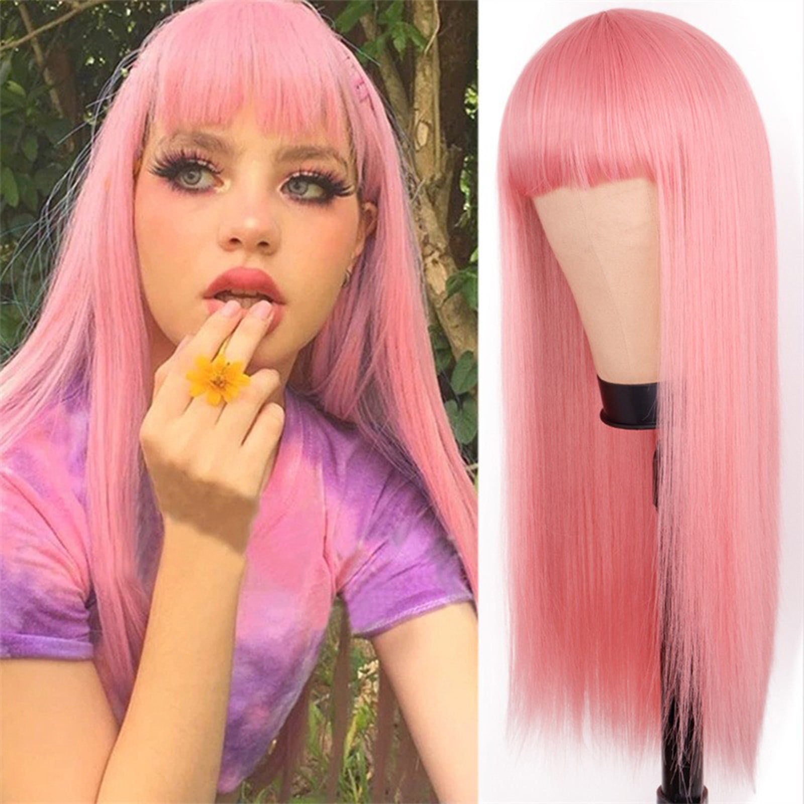 YSGFHGJW Wigs Human Hair,Long Straight Wig With Bangs Hair Wig For Women Synthetic Natural Wig ,Various Colors Available,Daily Wear Party And Cosplay Soft Wig,Pink
