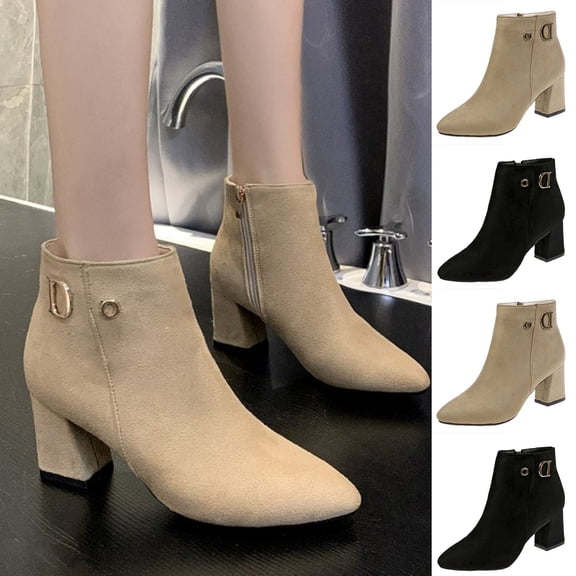 RoamHome Women's Suede Ankle Boots Chunky Heel Pointed Toe Side Zipper Dressy Booties with Metal Buckle for Fall Winter Casual Party Office Wear
