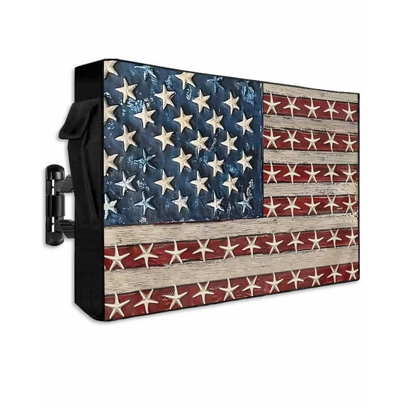 Coastal American Flag Outdoor TV Cover 52 to 55 Inch Weatherproof, Starfish Vintage USA Flag 600D Oxford TV Covers with Waterproof Zipper, Outside Flat TV Screen Protector Size 52"W x 19"H x 4.5"D